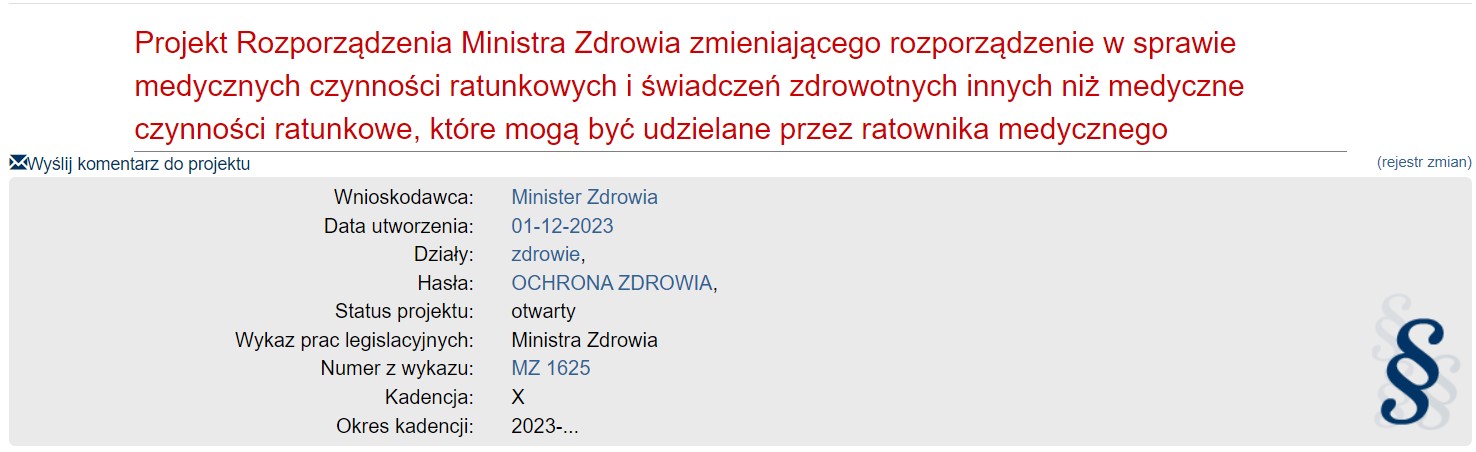 PROJEKT Rozporządzenia - Medyczne Czynności Ratunkowe (29-11-2023)