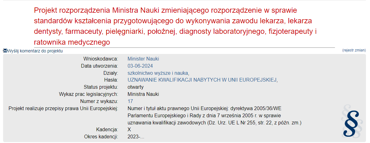 Projekt rozporządzenia Ministra Nauki - standardy kształcenia Ratownika Medycznego (22-05-2024)